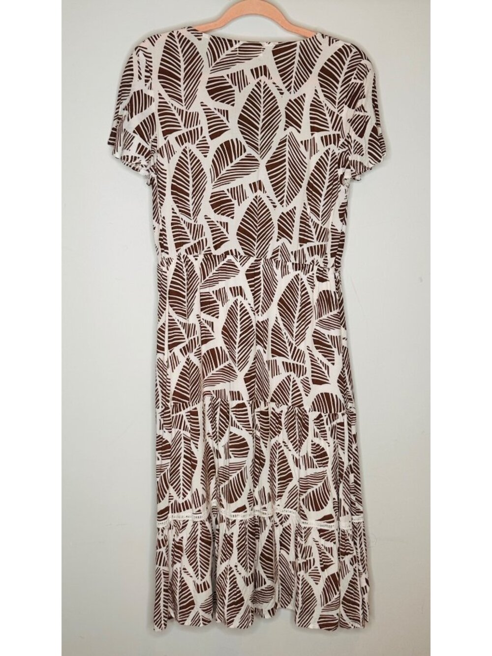Botanical Leaf Print Midi Faux Wrap Dress Size 10 Retro Boho Cottagecore Prairie - Picture 3 of 9